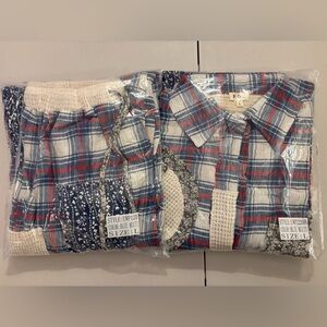 NWT POL Patchwork Plaid Waffle Knit Lounge Set Blue Multi Size L Sealed